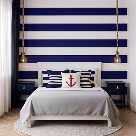 White and navy blue nautical marine horizontal striped wallpaper 20 cm