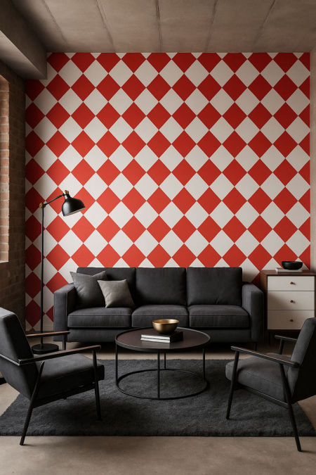 White and red harlequin wallpaper
