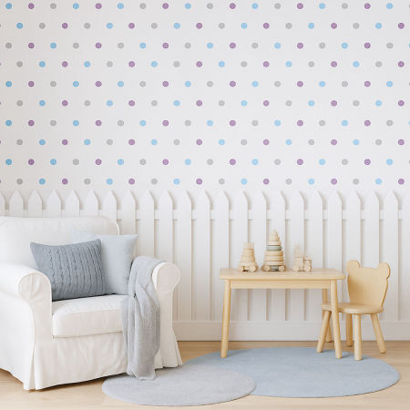 Wallpaper with grey, blue and violet 5 cm dots