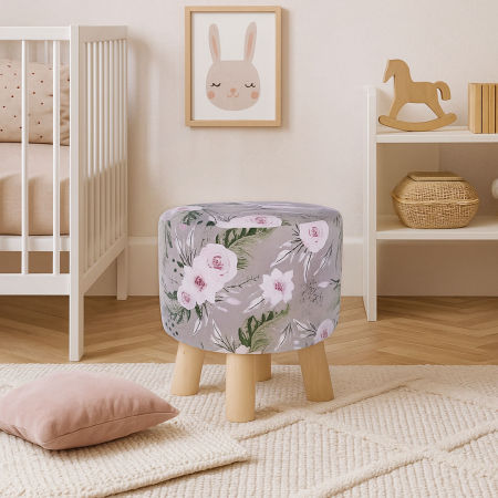 Lovely grey pouffe, roses against a background of green leaves, for the living room or bedroom