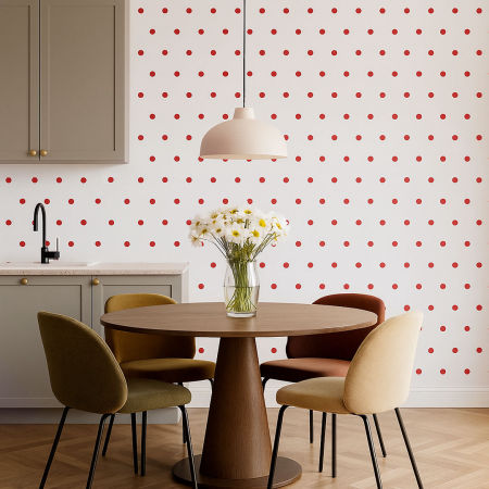 White and red 5 cm dots wallpaper