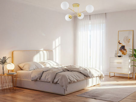 Gold ceiling lamp, asymmetrical shape, metal tubes, white balls, classic gold - FINO