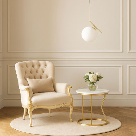 Golden pendant lamp, white glass ball, designer arm, classic gold - SORENTO