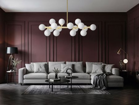 Golden pendant lamp, white glass balls, modern chandelier, classic gold - PETRICA