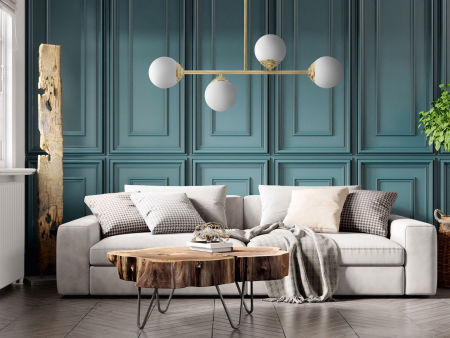 Gold tube pendant lamp with white glass globe shades, classic gold - FINO