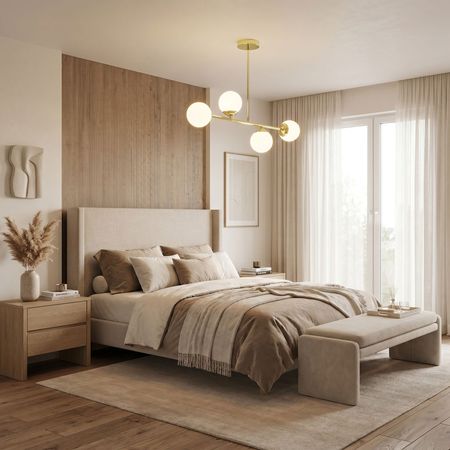 Gold tube pendant lamp with white glass globe shades, classic gold - FINO