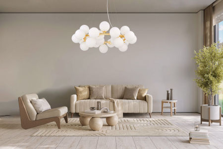 Champagne gold round pendant lamp, chandelier, white glass ball shades - MARSIADA