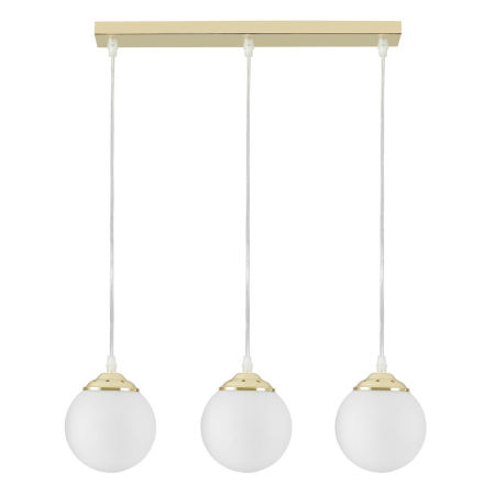 Triple pendant lamp over dining table or kitchen island, white spheres, classic gold - FINO
