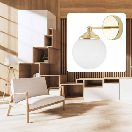 Golden wall lamp, glass sphere/ball, white shade, classic gold - FINO W1