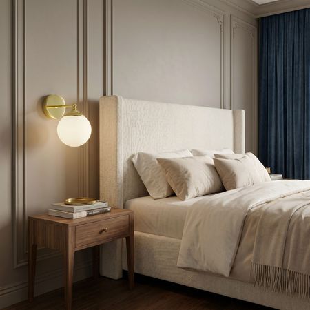 Golden wall lamp, glass sphere/ball, white shade, classic gold - FINO W1