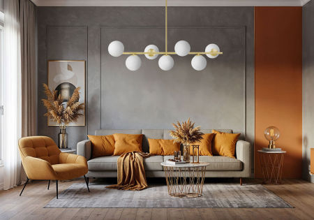Gold chandelier, glass white balls, pendant lamp with shades on a horizontal bar, classic gold - FREDICA W7