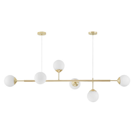 Gold chandelier, spherical shades, pendant lamp, horizontal tube, two round rosettes, classic gold - FINO