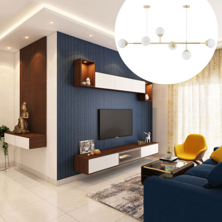 Gold chandelier, spherical shades, pendant lamp, horizontal tube, two round rosettes, classic gold - FINO