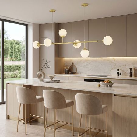 Gold chandelier, spherical shades, pendant lamp, horizontal tube, two round rosettes, classic gold - FINO