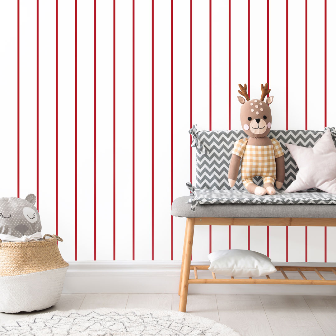 White wallpaper with vertical (1cm) red stripes/lines - Dekoori image 2