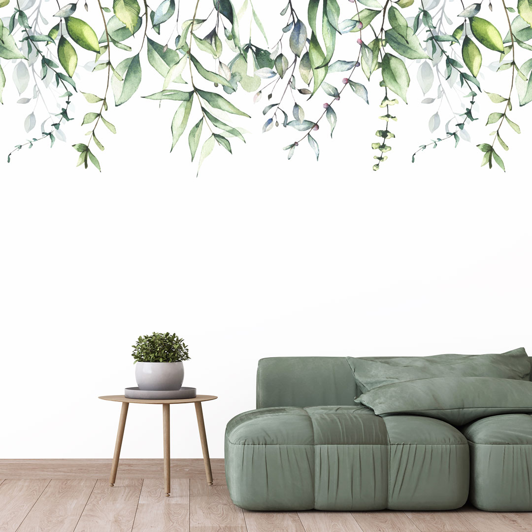 Decorative white wallpaper with watercolour pattern - dangling green branches with leaves - Dekoori image 2