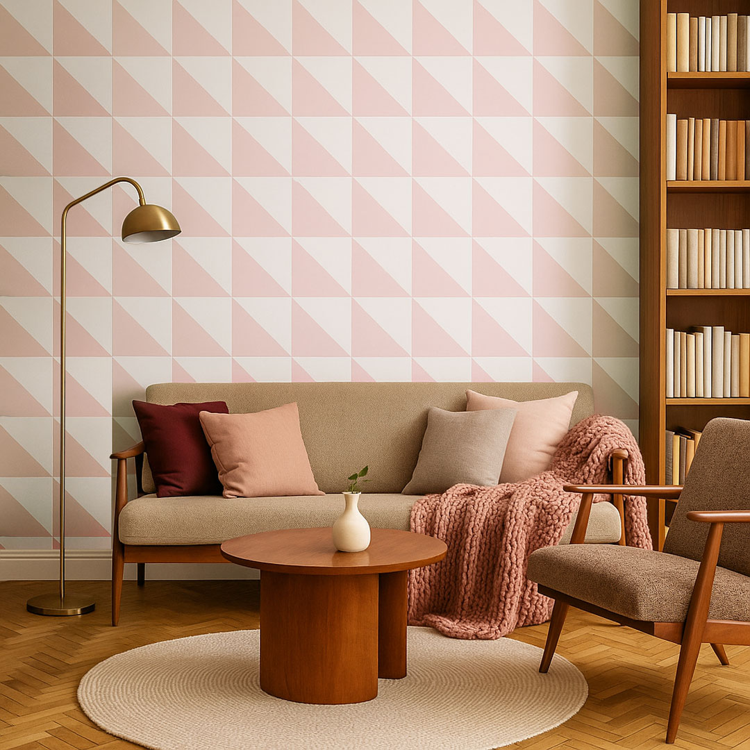 Wallpaper with 25 cm rectangular triangles, the colours of wallpaper: white and pink - Dekoori image 4