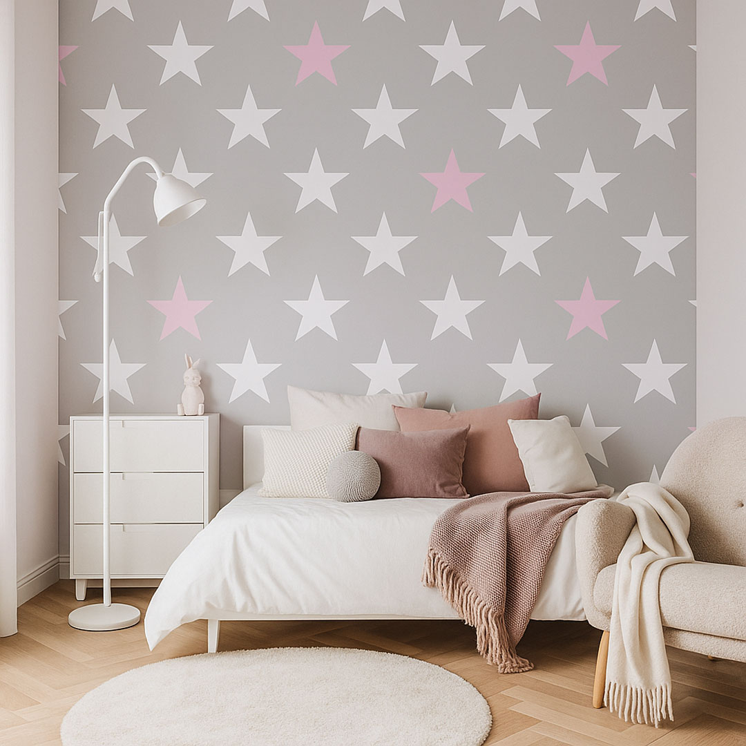 Grey wallpaper with 33 cm stars (white and pink stars) - Dekoori image 2