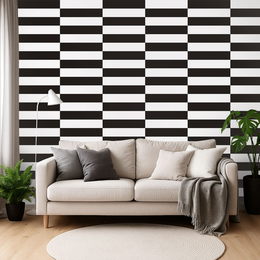 Black and white horizontal striped chessboard wallpaper 10 cm - Dekoori image 2