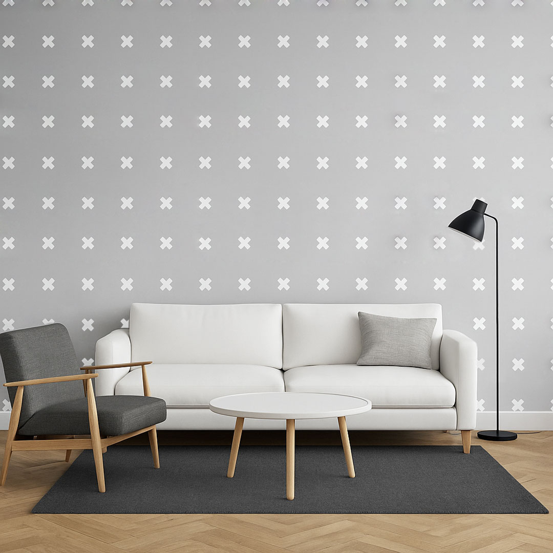 Grey Scandinavian wallpaper with white CROSSES - square decomposition (grey and white version) - Dekoori image 2