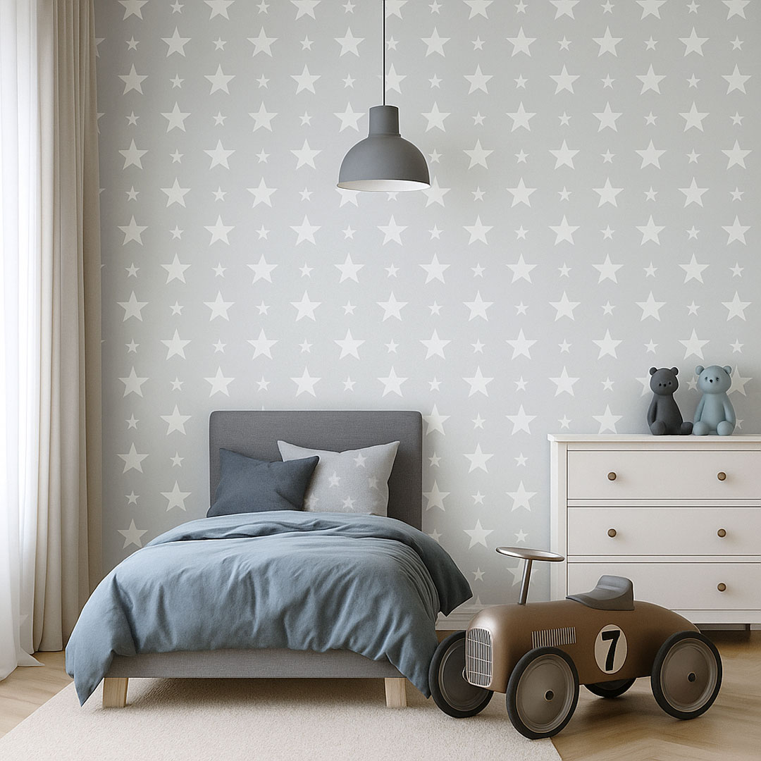 Grey wallpaper with 15 and 7 cm white stars - Dekoori image 2