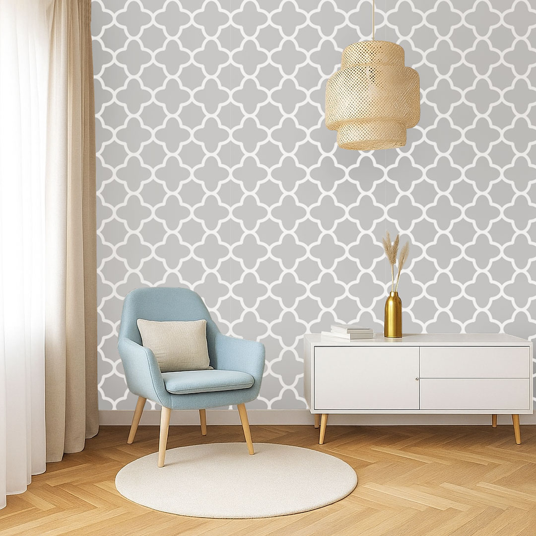 Grey and white quatrefoil oriental pattern wallpaper - Dekoori image 2