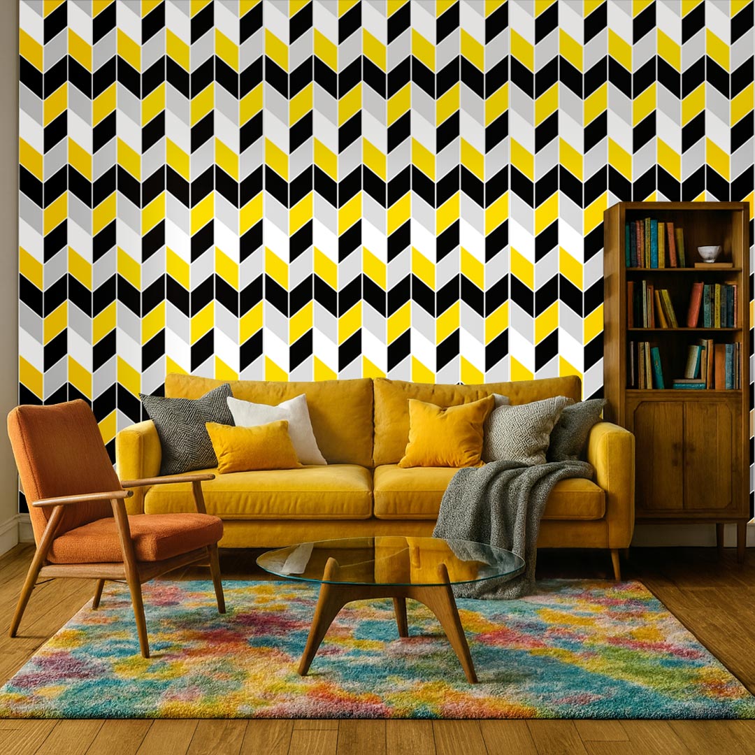 Chevron herringbone modern wallpaper black-grey-yellow-white - Dekoori image 2
