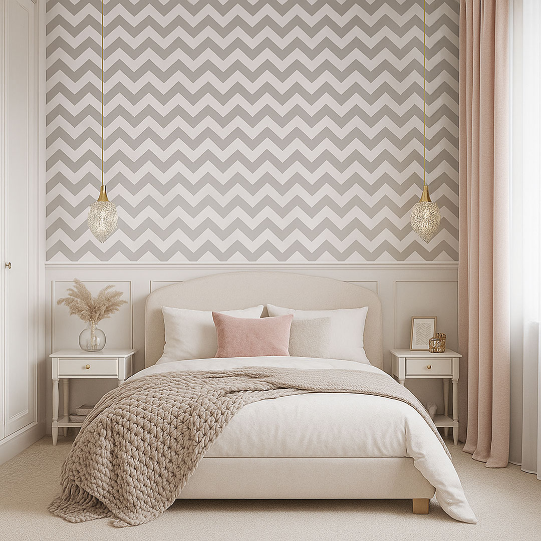 Geometrical white and grey 23 cm chevron wallpaper in Scandinavian style - Dekoori image 2