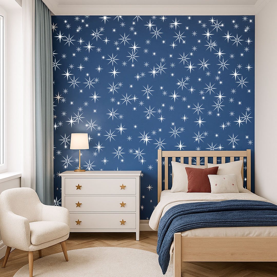 Flickering stars, blue and white Pantone Classic Blue colour wallpaper - Dekoori image 2