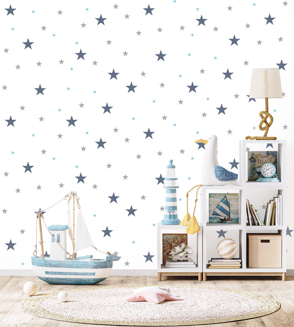 White wallpaper with blue, grey and navy blue stars - Dekoori image 2