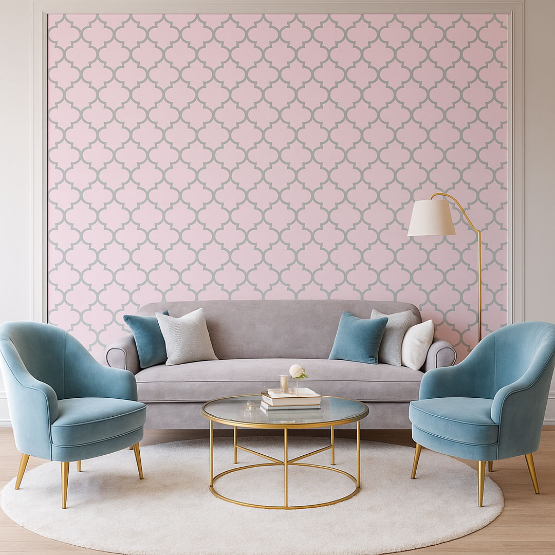 Pink and grey pastel, Moroccan quatrefoil tile wallpaper - Dekoori image 2