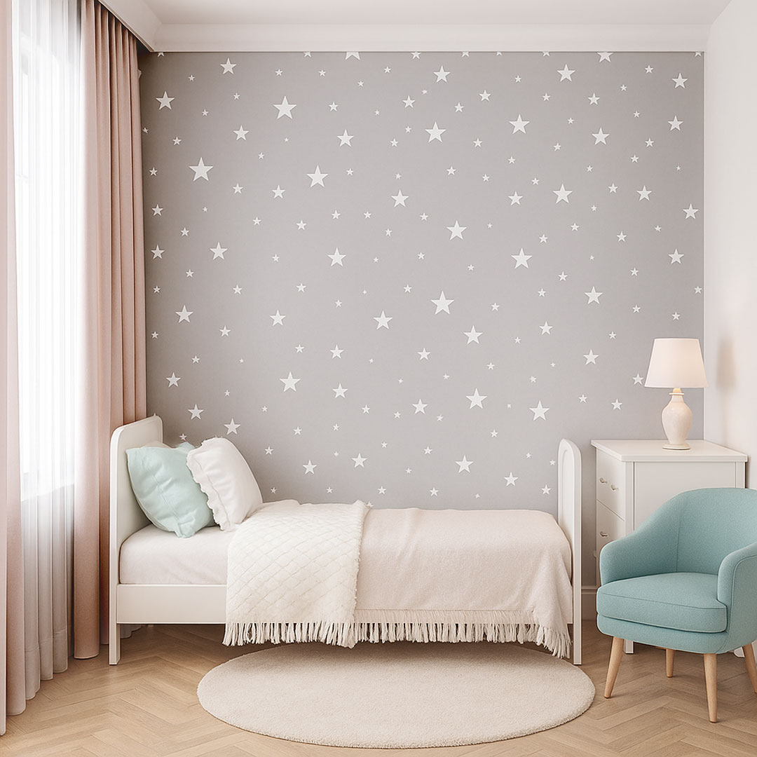 White and grey starry decorative wallpaper (white stars/constellation pattern on grey background) - Dekoori image 3