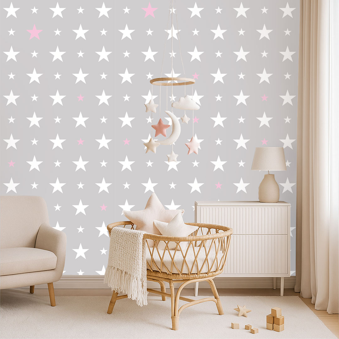 Grey wallpaper with white and pink 15 and 7 cm stars - Dekoori image 2