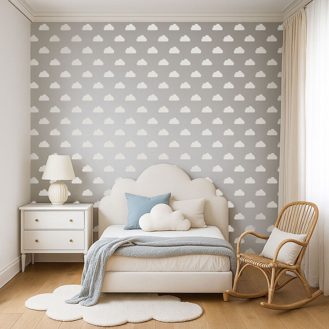 White clouds on grey background wallpaper for children - Dekoori image 2