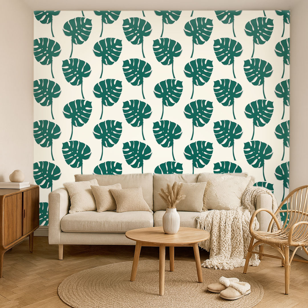 Green Monstera leaves wallpaper on white background - Dekoori image 2