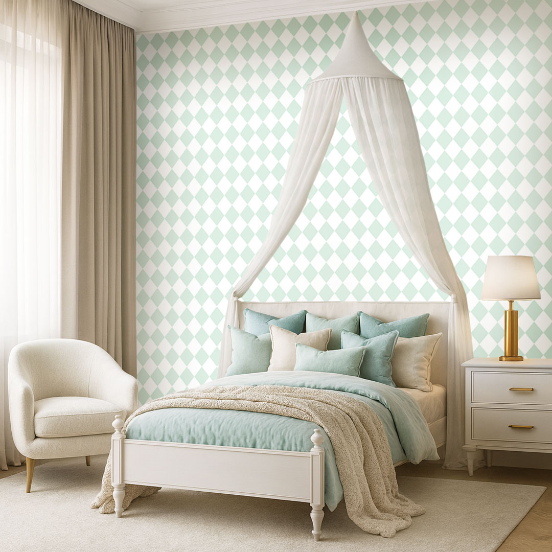 White and mint mini harlequin wallpaper - Dekoori image 3