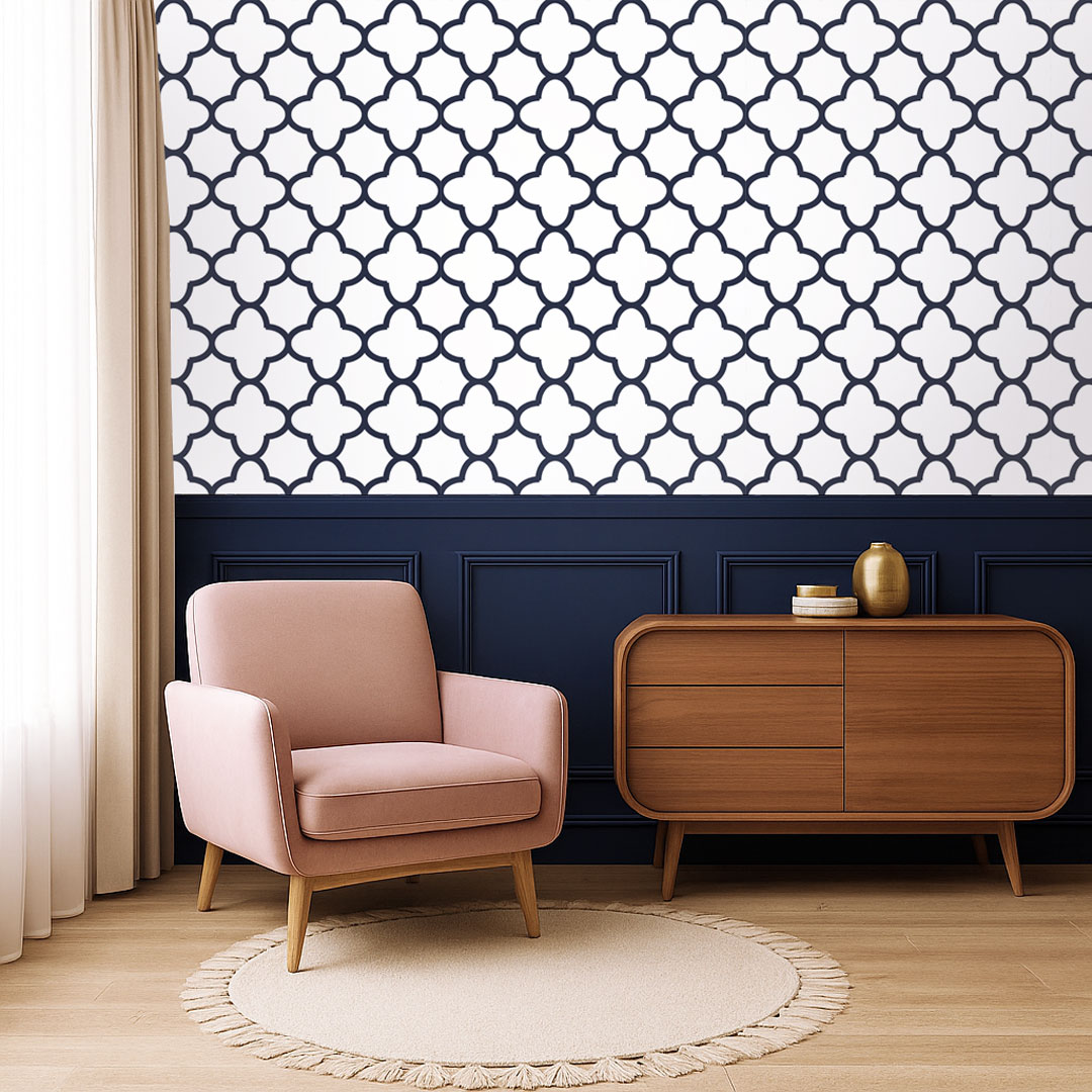 Moroccan white and navy blue patterned wallpaper - Dekoori image 2