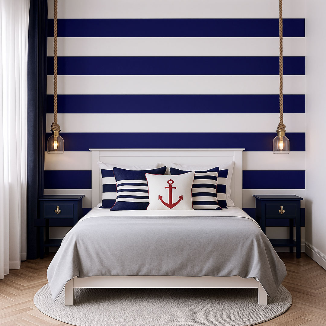 White and navy blue nautical marine horizontal striped wallpaper 20 cm - Dekoori image 2