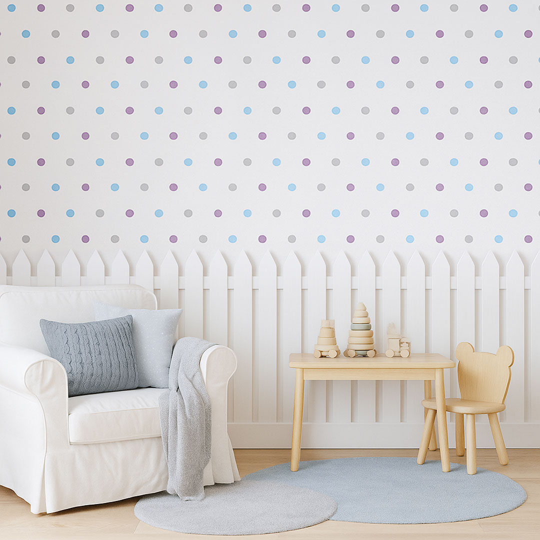 Wallpaper with grey, blue and violet 5 cm dots - Dekoori image 2