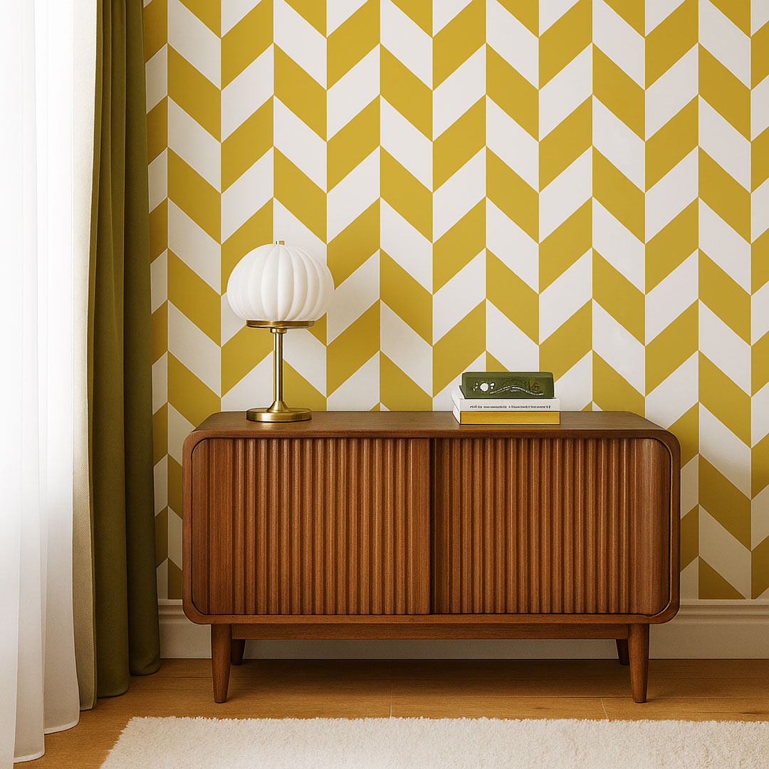 White and mustard herringbone scandinavian wallpaper - Dekoori image 2