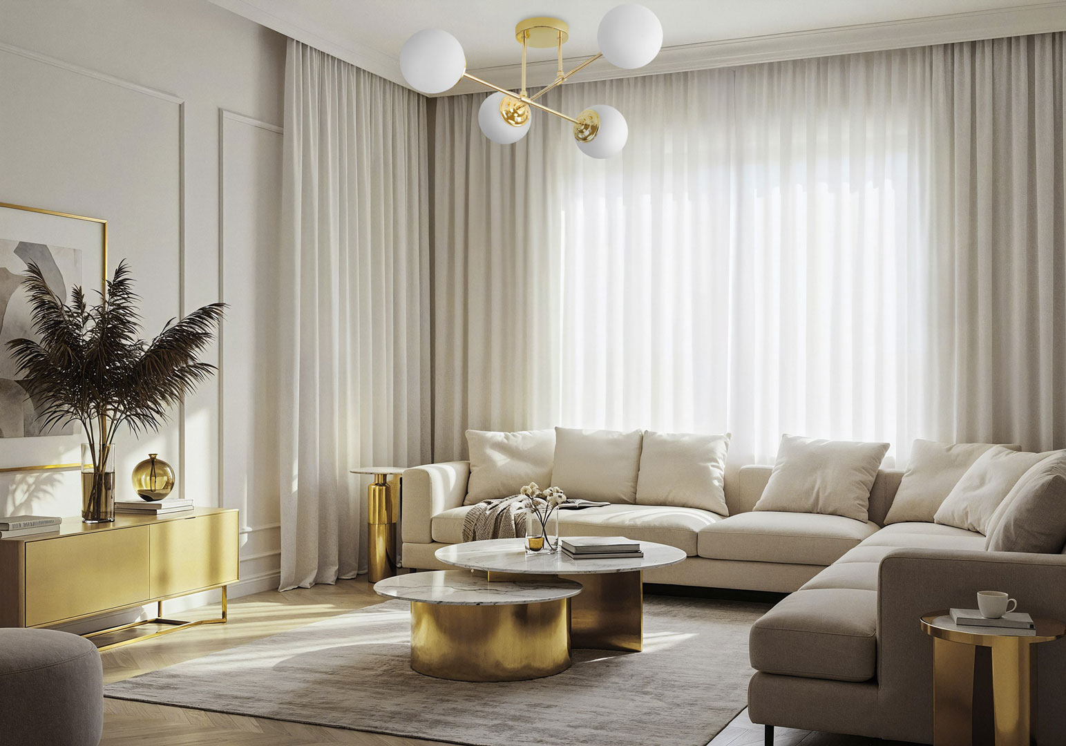 Gold ceiling lamp, asymmetrical shape, metal tubes, white balls, classic gold - FINO - Lampit image 2