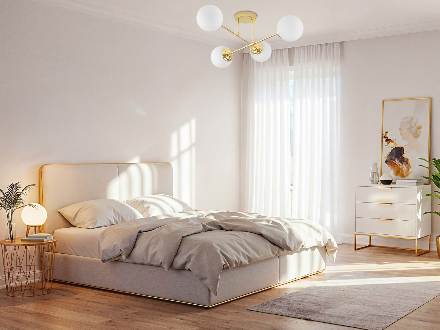 Gold ceiling lamp, asymmetrical shape, metal tubes, white balls, classic gold - FINO - Lampit image 4