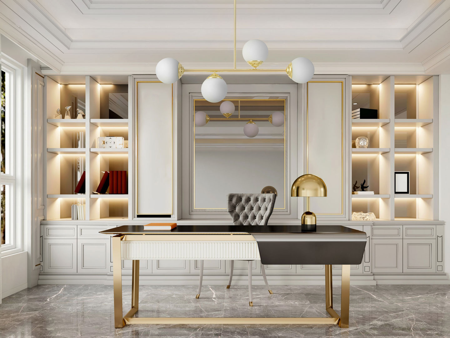 Gold tube pendant lamp with white glass globe shades, classic gold - FINO - Lampit image 4