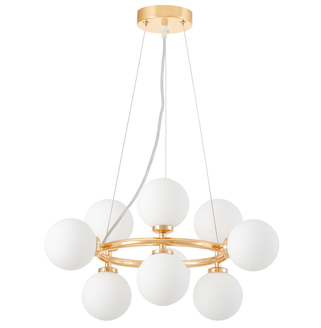 Champagne gold round pendant lamp, chandelier, white glass ball shades - MARSIADA - Lumina Deco image 1