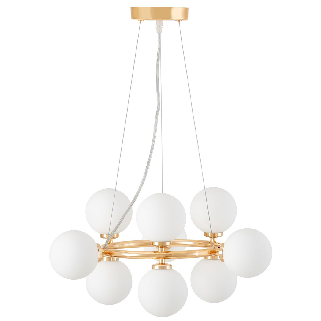 Champagne gold round pendant lamp, chandelier, white glass ball shades - MARSIADA - Lumina Deco image 2