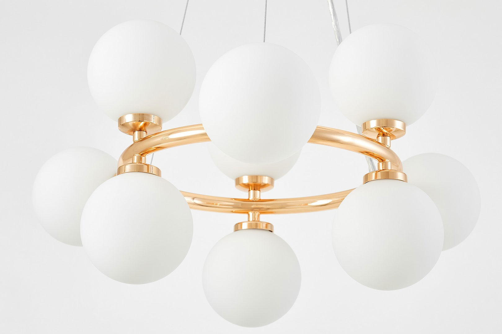 Champagne gold round pendant lamp, chandelier, white glass ball shades - MARSIADA - Lumina Deco image 4