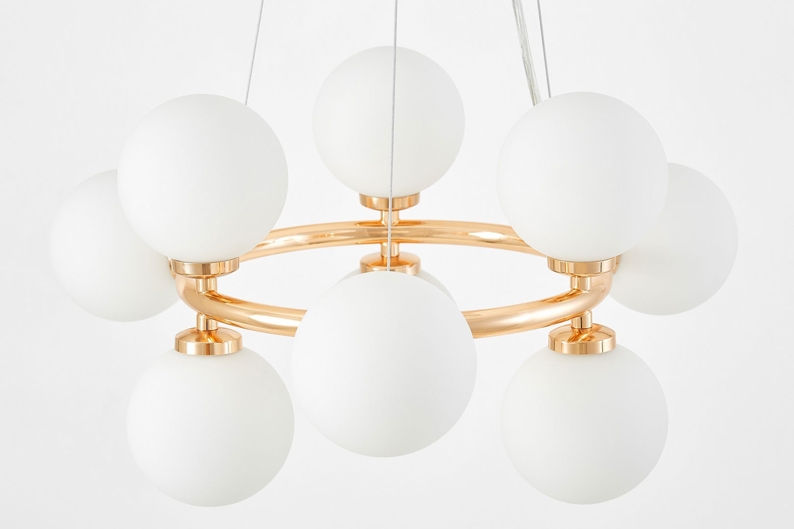 Champagne gold round pendant lamp, chandelier, white glass ball shades - MARSIADA - Lumina Deco image 3