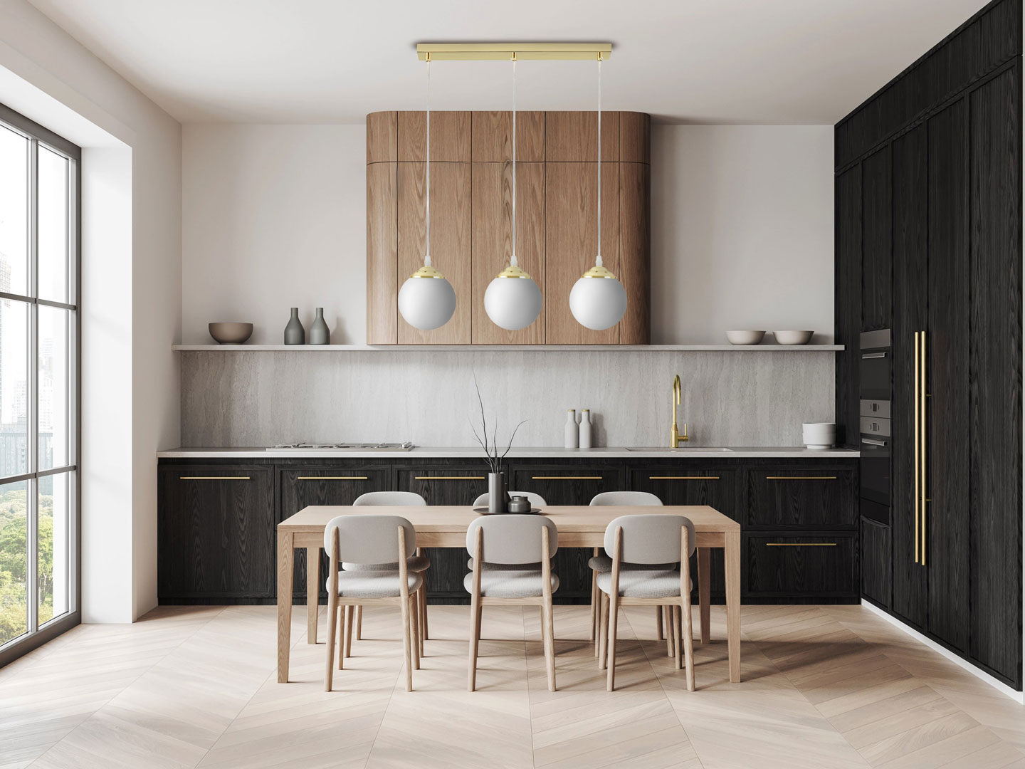 Triple pendant lamp over dining table or kitchen island, white spheres, classic gold - FINO - Lampit image 2