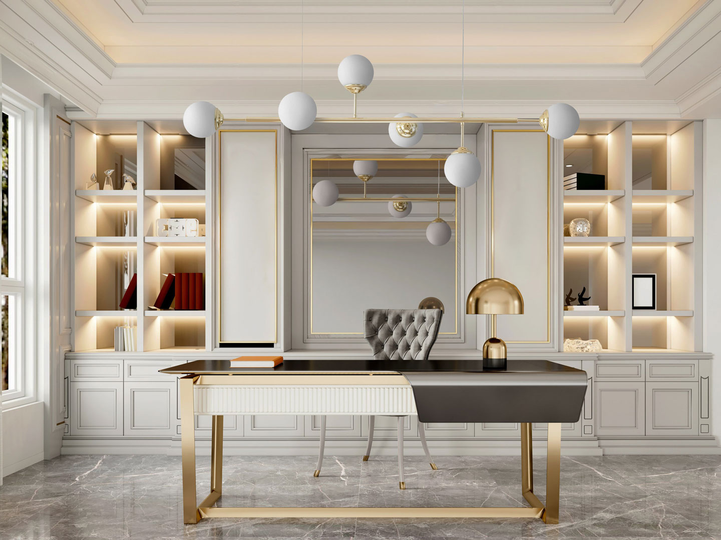 Gold chandelier, spherical shades, pendant lamp, horizontal tube, two round rosettes, classic gold - FINO - Lampit image 4