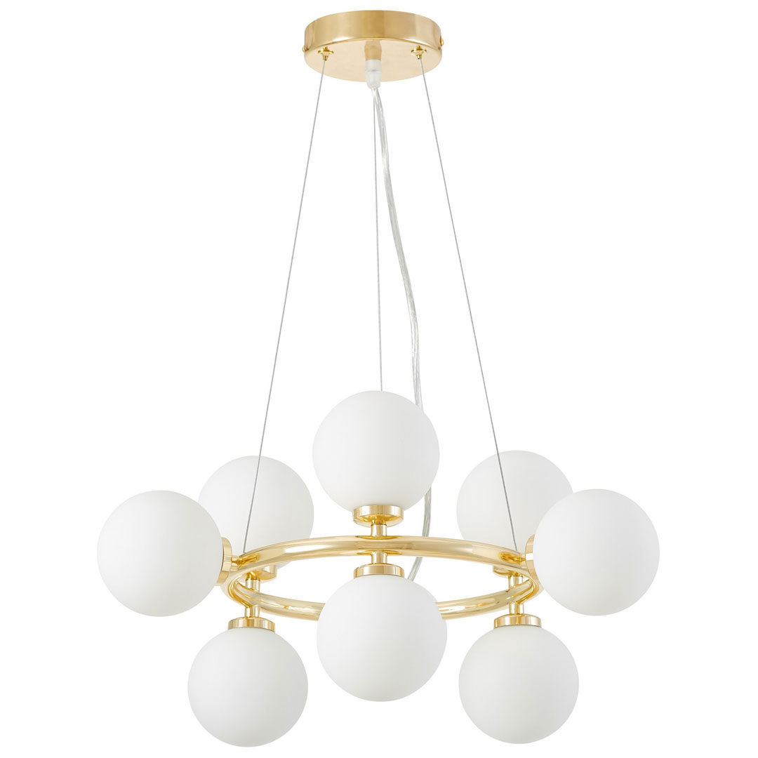 Golden chandelier, white glass balls, classic gold, glamour pendant lamp - MARSIADA - Lumina Deco image 1